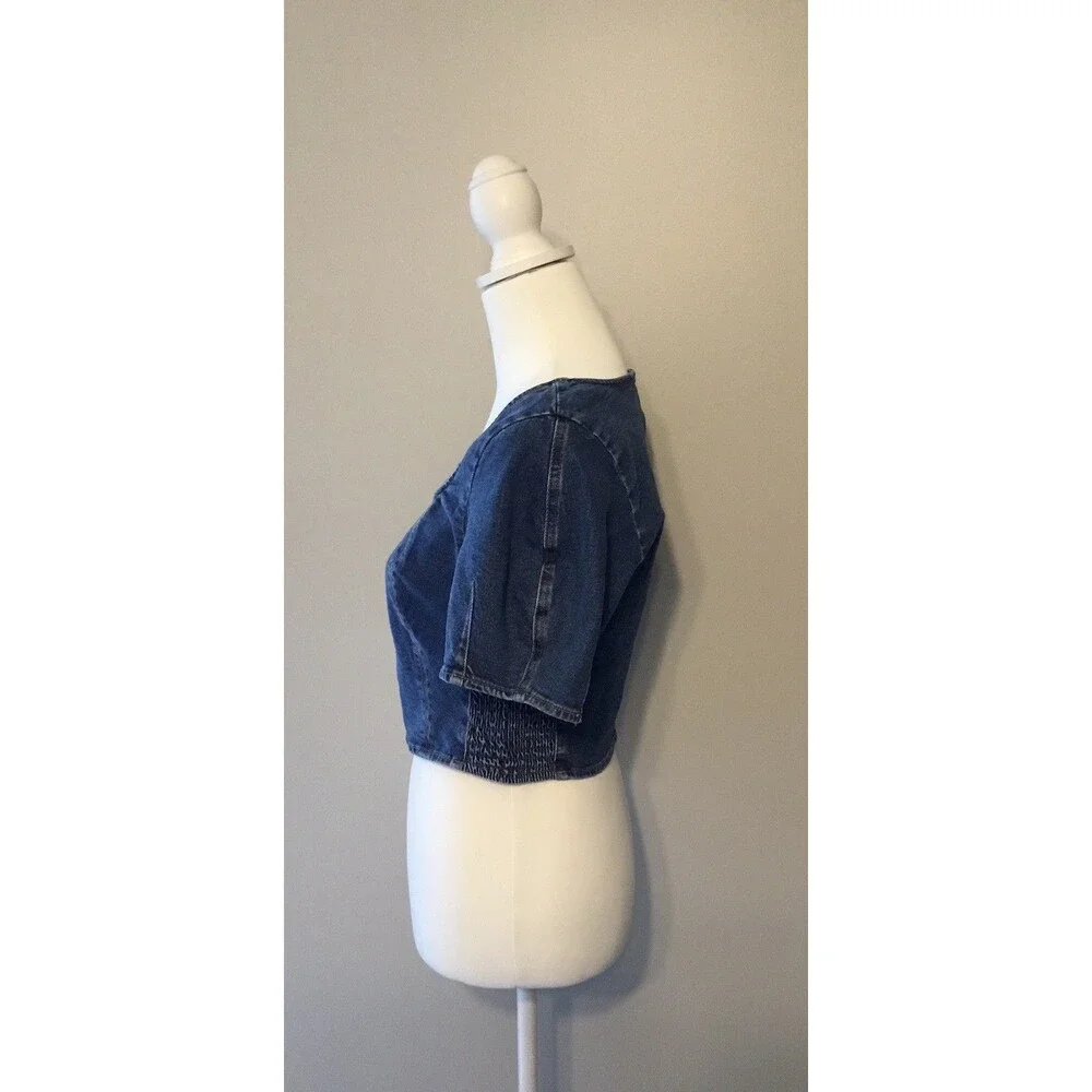 OLD NAVY Womens Crop Top Blue Denim Jean  Ruched Short Sleeve Square Neck Puffed
